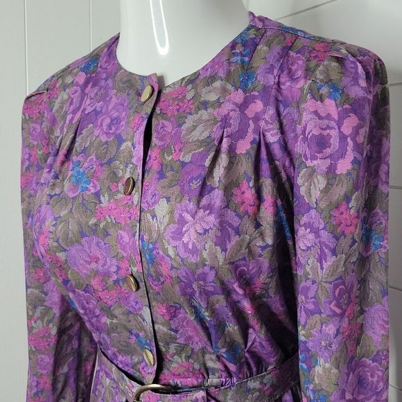 Peri Petites Vintage Button Up Belted Dress ~ Sz 6 ~ Purple ~ Midi ~ Long Sleeve - Picture 4 of 7